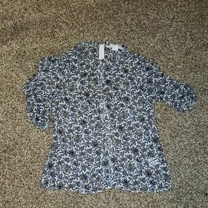 Veronica Beard Paisley Ruffle Top in Blue and Cream